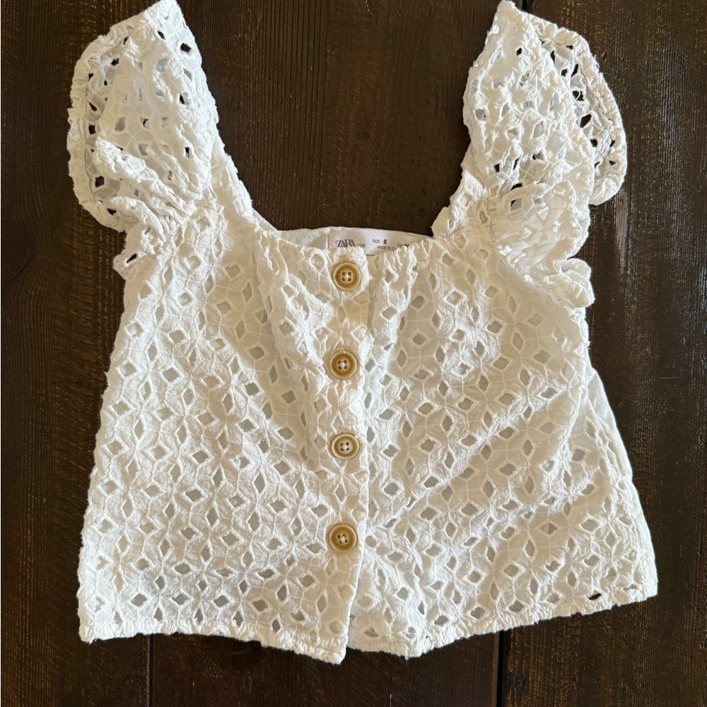 Zara White Eyelet Button-Up Top